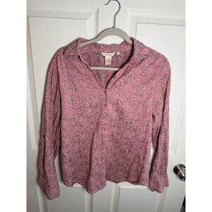 Sundance Blouse Sz L 100% Cotton Pink Floral Print Button Western Cowgirl